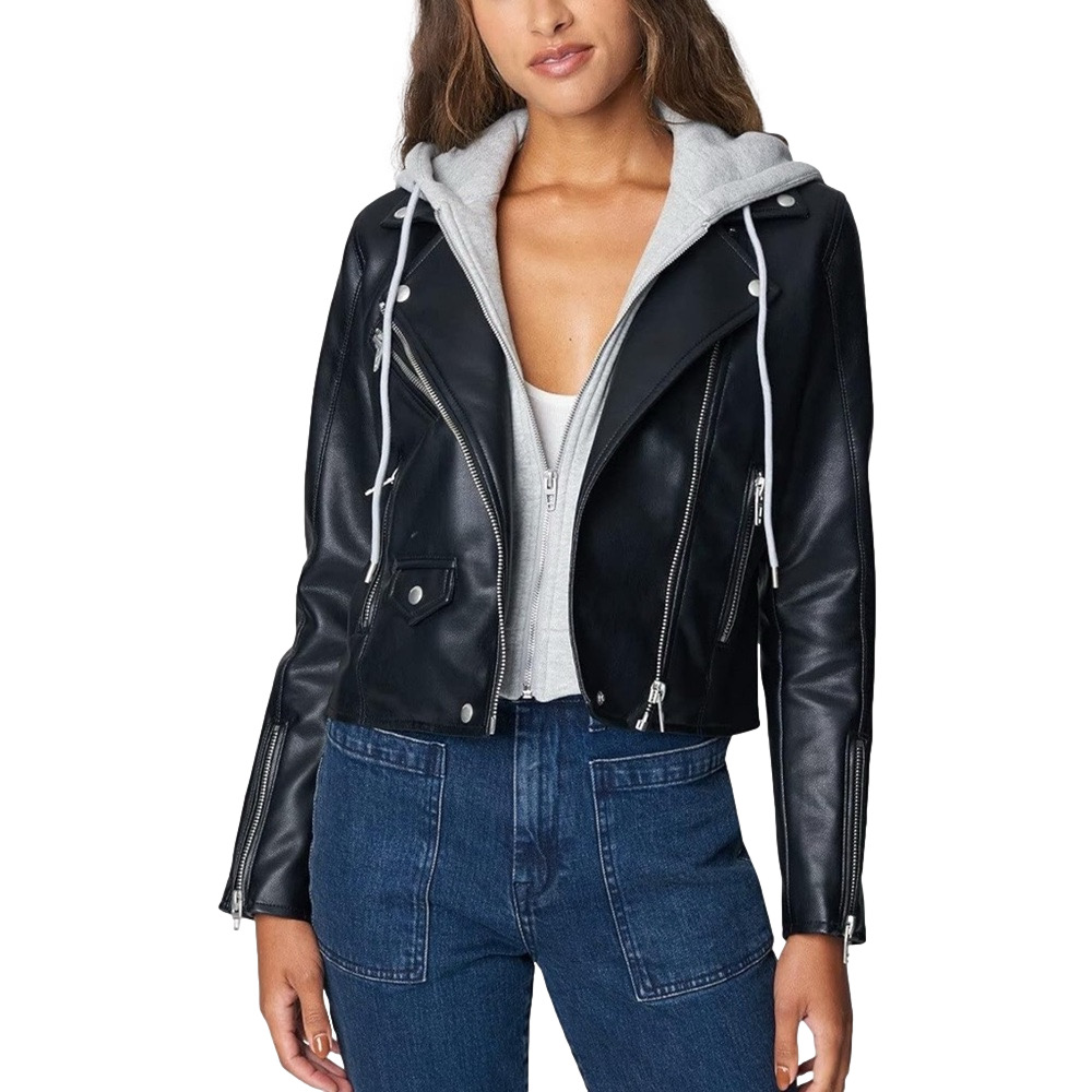 BLANK NYC Woman’s Black Vegan Leather Moto Jacket w/ Heather grey hood NWT